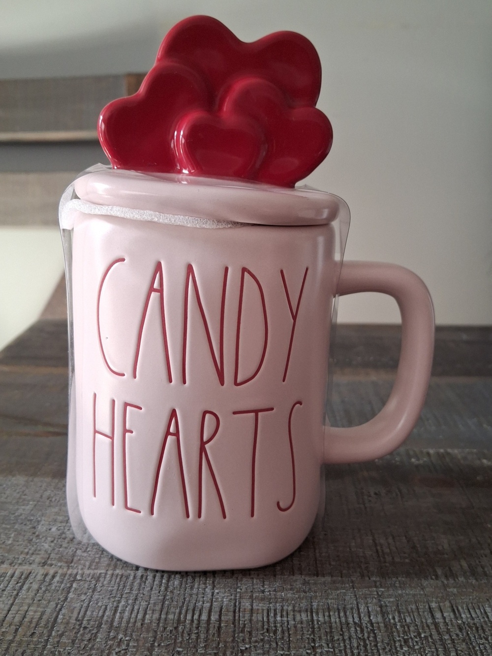 NWT Rae Dunn Pink 'CANDY HEARTS' Ceramic Canister with Red Heart Lid